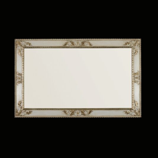 Rococo Style Rectangular Wall Mirror Against a simple black backdrop, the Rococo Style Rectangular Mirror is showcased with its ornate gilded frame, adorned with intricate floral and scrollwork details. The mirror's reflective surface remains blank.