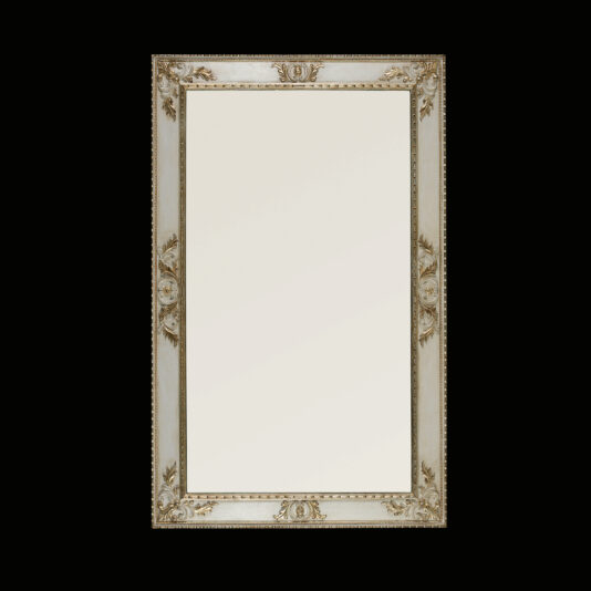 Rococo Style Rectangular Wall Mirror The Rococo Style Rectangular Wall Mirror features a vintage aesthetic with an ornate gold frame, beautifully showcasing intricate floral and swirl designs on a black background, offering a classic and elegant appearance.