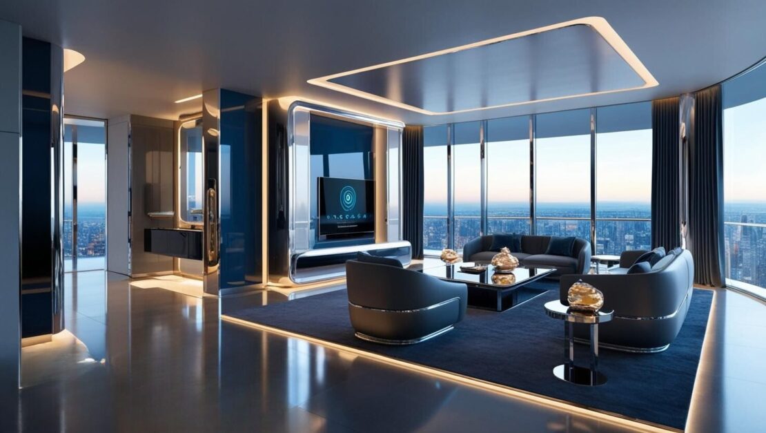 A modern luxury living room reminiscent of billionaires' homes, featuring sleek black furniture and large windows showcasing a city skyline. The widescreen TV and futuristic design elements are complemented by ambient lighting, creating an opulent yet contemporary atmosphere.