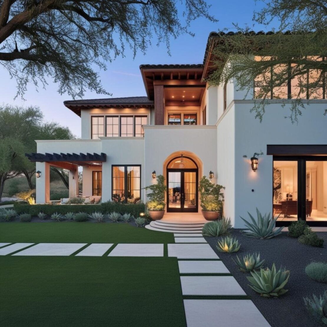 A modern two-story house, boasts a white exterior, large windows, and an elegant archway entrance. The front garden is xeriscaped showcases a manicured lawn, stepping stones, and lush plants all beautifully illuminated under a twilight sky.
