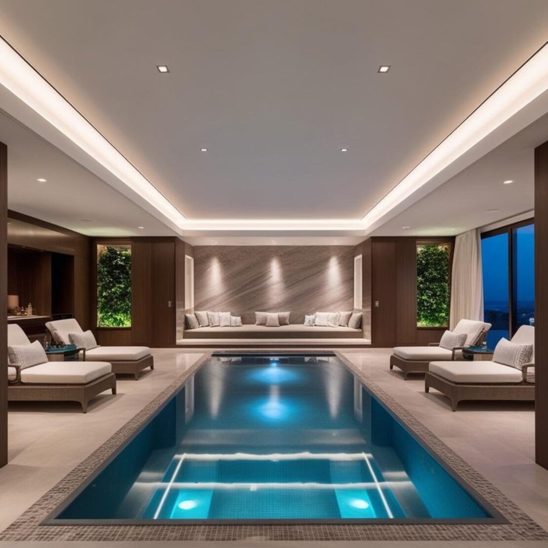 A luxurious indoor swimming pool, fitting for billionaires' homes, is lined with lounge chairs and cushions under soft ambient lighting. The space features elegant wood paneling, large windows showcasing an evening view, and a tranquil atmosphere.