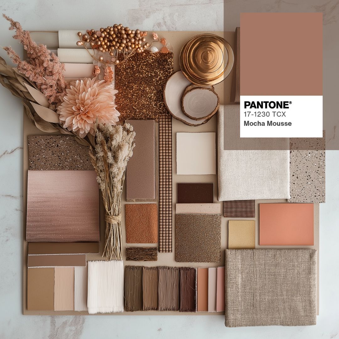Mocha Mousse swatch Pantone colour of the year 2025, on an interior design mood board with swatches, materials, flowers and objects in warm brown, peach cream light grey