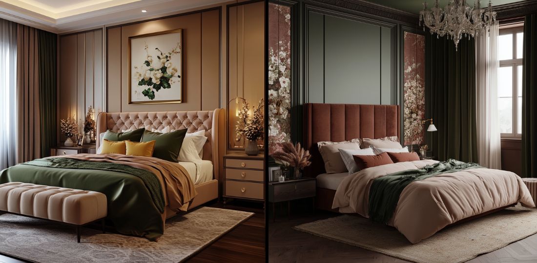 Two elegant bedrooms side by side. The left room features a beige tufted bed with green accents and floral artwork. The right room boasts a dark red upholstered bed, mocha mousse walls, floral panels, and a chandelier. Both rooms have ambient lighting.