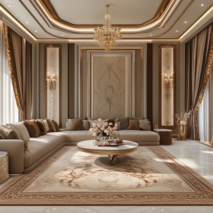 Luxurious Majlis with an elegant chandelier, plush sectional sofa, and a round marble coffee table. Ornate curtains and a patterned rug complement the sophisticated decor, featuring a blend of cream and gold tones.