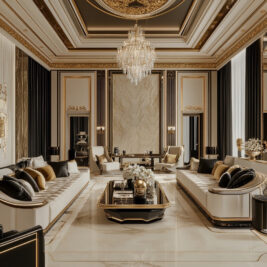 Luxurious living room with high ceilings, an ornate chandelier, and gold accents. Two long, elegant couches sit opposite each other, surrounded by dark curtains. The room features a central coffee table with a floral arrangement and decorative items.