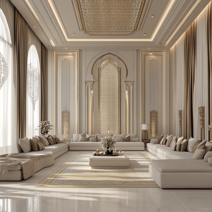 A luxurious Majlis with elegant Arabic-inspired decor, featuring high arched windows, intricate wall designs, and a large white sectional sofa. A central coffee table displays a floral arrangement, and soft lighting enhances the room's warmth.