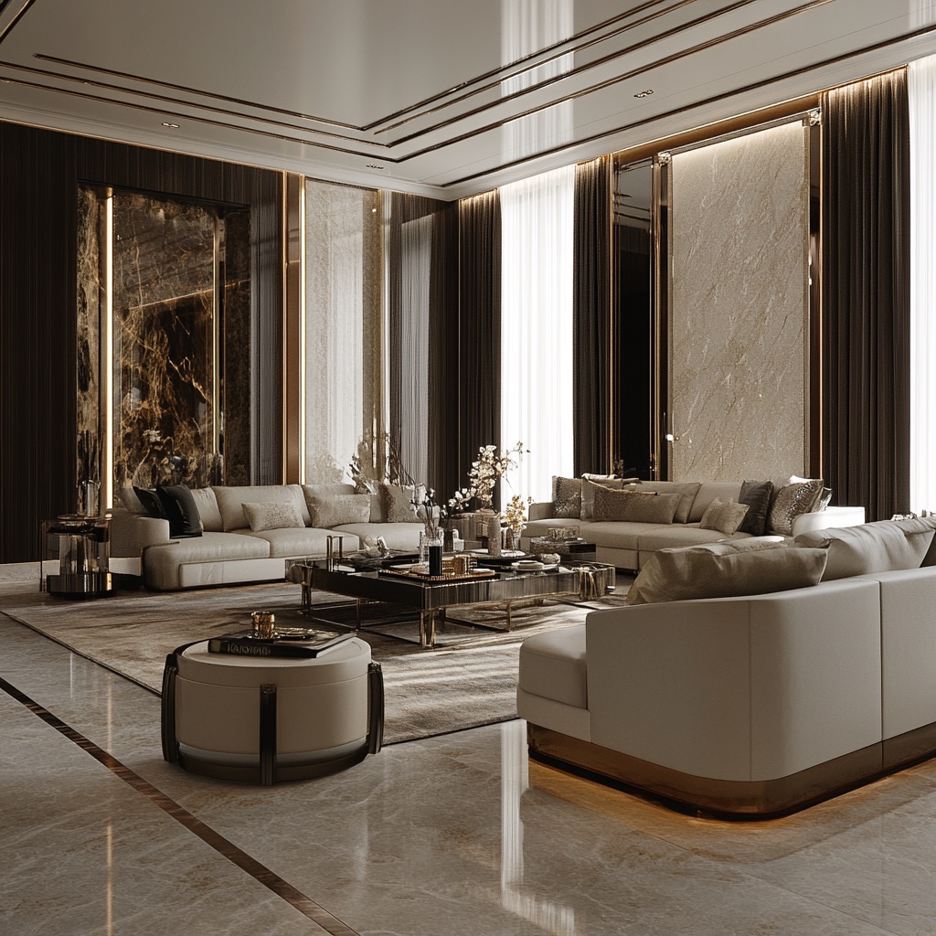 Luxurious Majlis with neutral-toned sofas arranged around a sleek coffee table. The room features floor-to-ceiling dark curtains, polished marble floors, and elegant wall panels, creating a sophisticated and spacious ambience.