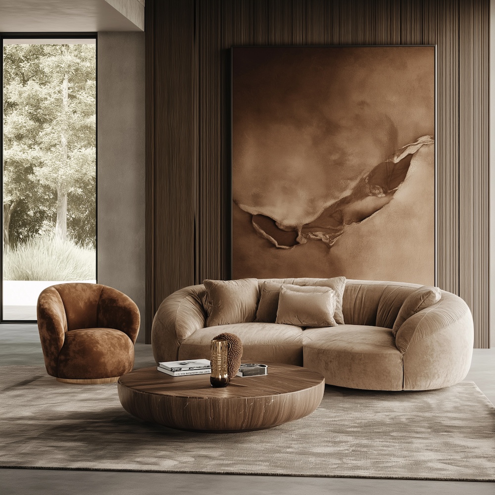 A modern living room features a curved beige sofa and matching armchair, surrounding a round wooden coffee table. A large abstract painting and mocha mousse tones accent the space, while a large window reveals lush greenery outside.