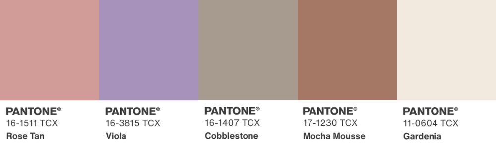 Image of five Pantone colour samples, including the rich Mocha Mousse (17-1230 TCX), displayed alongside Rose Tan (16-1511 TCX), Viola (16-3815 TCX), Cobblestone (16-1407 TCX), and the soft hue of Gardenia (11-0604 TCX).