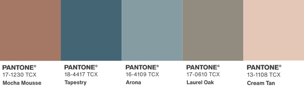 A selection of five Pantone colors, including the rich and inviting Mocha Mousse, is displayed in vertical rectangles: Mocha Mousse, Tapestry, Arona, Laurel Oak, and Cream Tan. Each swatch has its corresponding codes elegantly listed below.