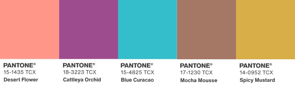 Colour swatches of Pantone shades: Desert Flower (peach), Cattleya Orchid (purple), Blue Curacao (turquoise), Mocha Mousse (rich brown), and Spicy Mustard (yellow). Each shade features its corresponding Pantone code.