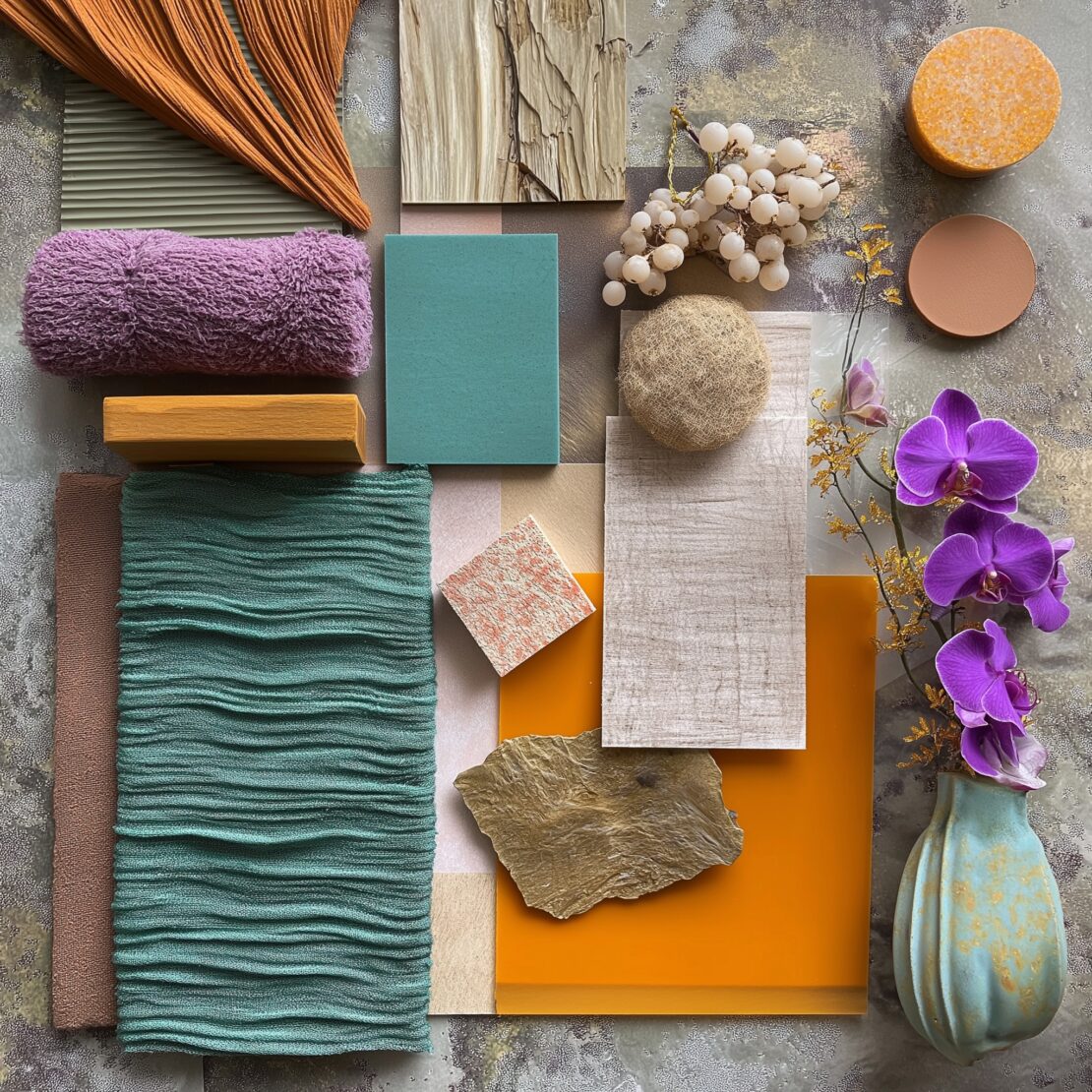 A flat lay of various textures and colors, including fabrics, wood, stone, and ceramic. Featured hues are purple, orange, green, and mocha mousse beige. Orchids and white berries add a natural element to the arrangement.