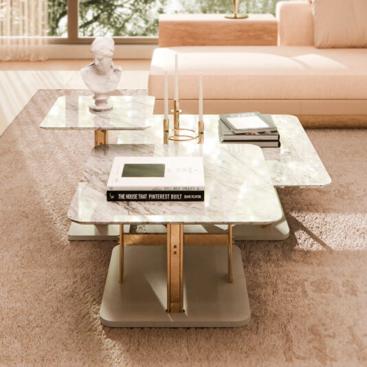 A modern living room showcases the Contemporary Marble Coffee Table Set on a beige carpet, adorned with books, a white bust sculpture, and two tall candlesticks. A light-colored sofa and expansive window revealing lush greenery outside complete this serene setting.