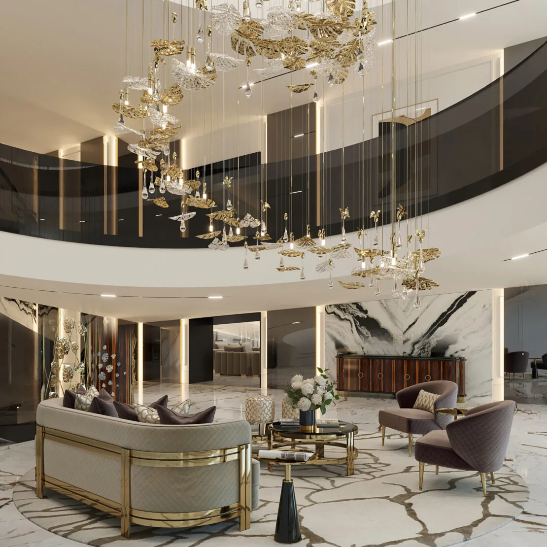 A luxurious, modern lobby features elegant marble floors, the Statement Floating Chandelier Inspired By Nature with gold accents, curved sofas and armchairs, a round flower-topped coffee table, and striking black-and-white wall art beneath a curved balcony.