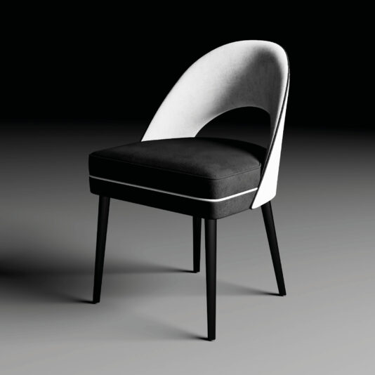 Contemporary Ebony Veneered Dining Set A modern chair with a curved white backrest, black cushioned seat, and black tapered legs pairs perfectly with the Contemporary Ebony Veneered Dining Table (Copy), set against a gradient gray and black background.