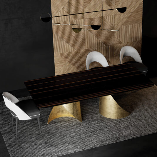 Contemporary Ebony Veneered Dining Table A modern dining area showcases the Contemporary Ebony Veneered Dining Table with gold pedestal bases, three white chairs, geometric wood paneling, and a black and gold minimalist pendant light for a stylish finish.