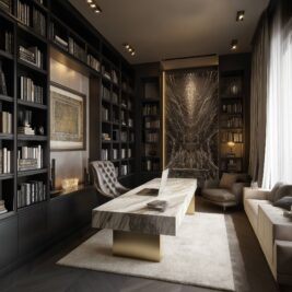 A luxurious home office interior design featuring luxury home office furniture a marble desk, modern chair, wall-to-wall bookshelves, a marble accent wall, cosy sofa, and large windows with sheer curtains creates a sophisticated, well-lit workspace.