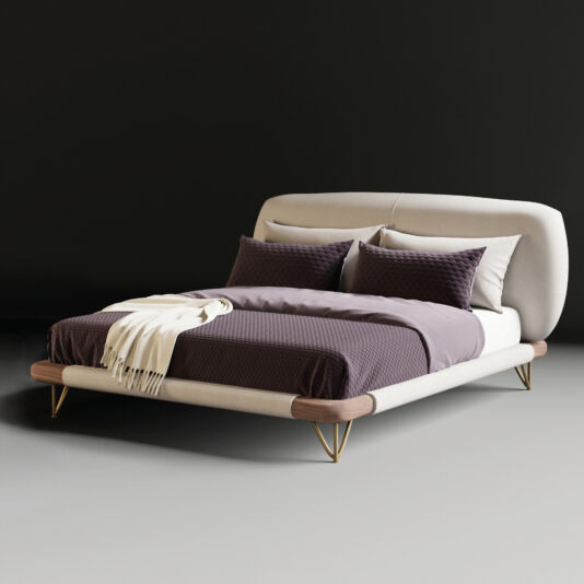 The High-End Contemporary Italian Bed features a curved upholstered headboard, dark bedding, a cream throw blanket, slim gold-finished legs, and is showcased against a plain black background for a stylish minimalist look.
