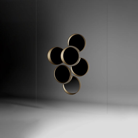 The Modern Floating Wall Mirror Cluster features six round, hollow mirrors with gold rims arranged in a honeycomb pattern, floating against a gradient gray background and casting soft shadows on the wall and floor.