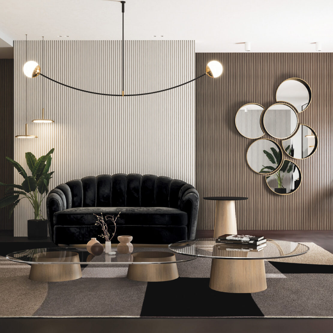 A modern living room features a black velvet sofa, round glass tables, and the Modern Floating Wall Mirror Cluster on a brown accent wall, accented by green potted plants, geometric patterns, and contemporary lighting.