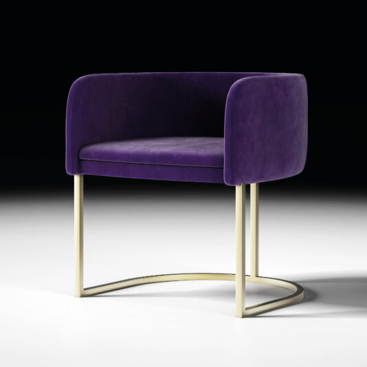 The Modern Tub Style Dining Chair features deep purple upholstery, curved back and arms, and a gold U-shaped metal frame, set against a black and white gradient background.