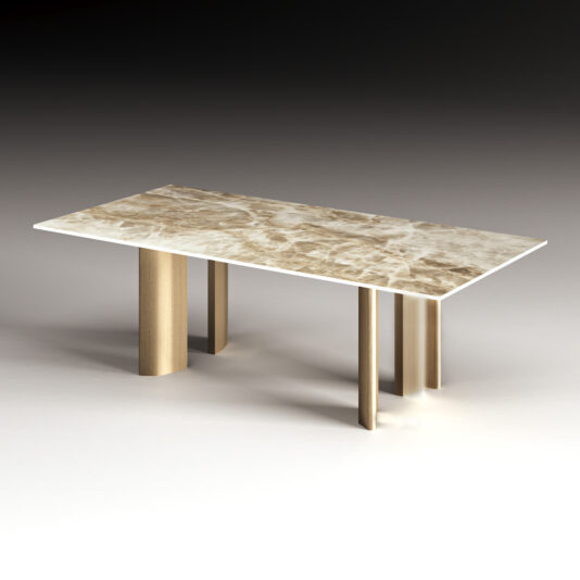 Rectangular faux marble dining table with curved brass-detailed bases