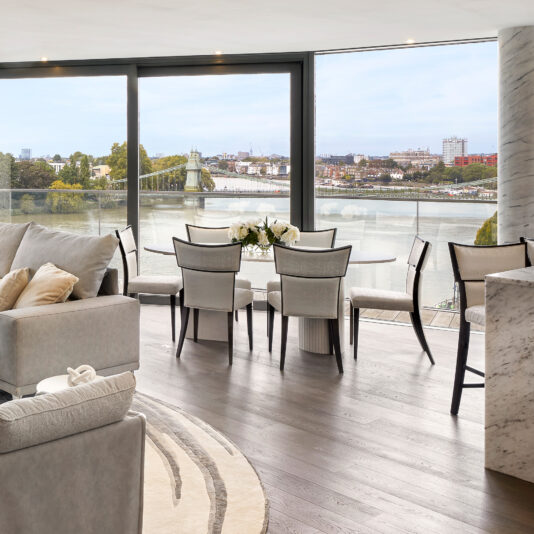Quartz dining table and chairs in a contemporary living space