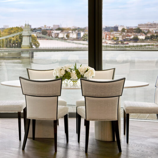 Luxury quartz dining set with four chairs and river view