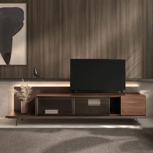 A modern living room featuring a Modern Walnut Veneer TV Cabinet with a flat-screen telly, black bird sculpture, pampas grass, large abstract art piece, and soft ambient lighting.
