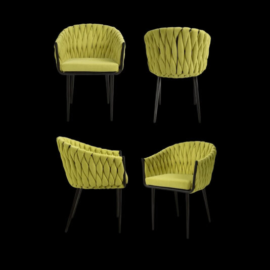 Four views of the Set of 4 Woven Yellow Dining Chairs, each with textured yellow upholstery and slim black legs, shown against a black background.