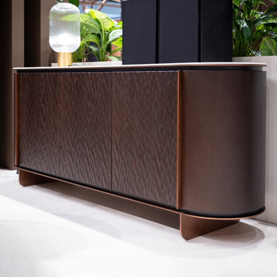 Furniture finishes: hammered oak veneer doors and a porcelain stoneware top on a sideboard
