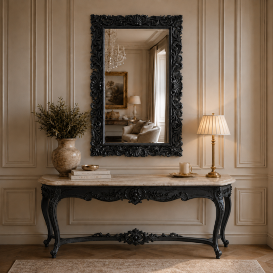 A classic console table with ornate details displays a vase, books, and a lamp. Mounted above it, the Ornate Black Baroque Wall Mirror reflects the glow of a chandelier and the inviting elegance of the living room. The sophisticated space is unified by its neutral tones.