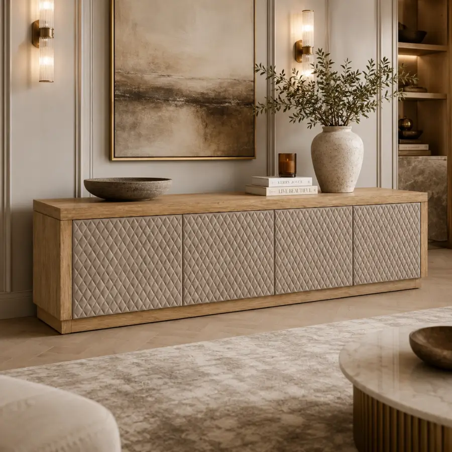 Oak veneered sideboard with quilted nubuck leather doors