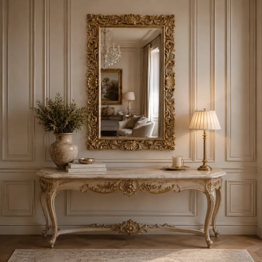 Bespoke furniture finishes: ornate gold Baroque wall mirror with an antique gold frame above a console table