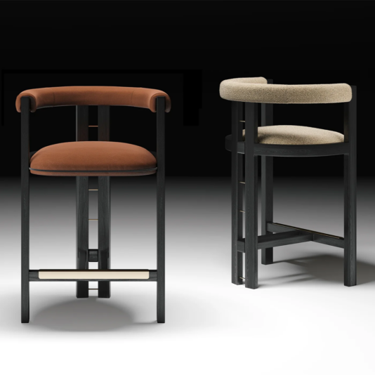 Luxury upholstered wooden counter stool shown from the front and rear