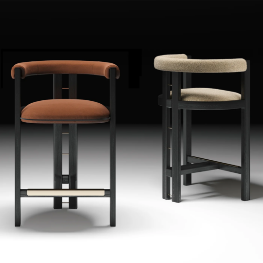 Luxury upholstered wooden counter stool shown from the front and rear