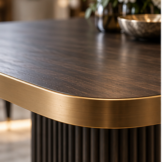 Close-up of rounded dark brown wood-veneer corner with brushed-gold metal edging