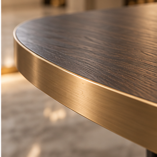 Close-up of satin dark brown wood grain with a brushed-gold edge band