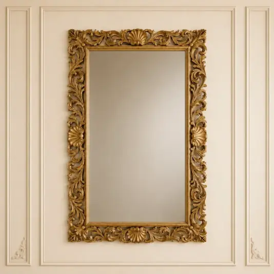 Classic Cream and Gold Baroque Console Table Full front view of the ornate gold wall mirror with scrolling frame