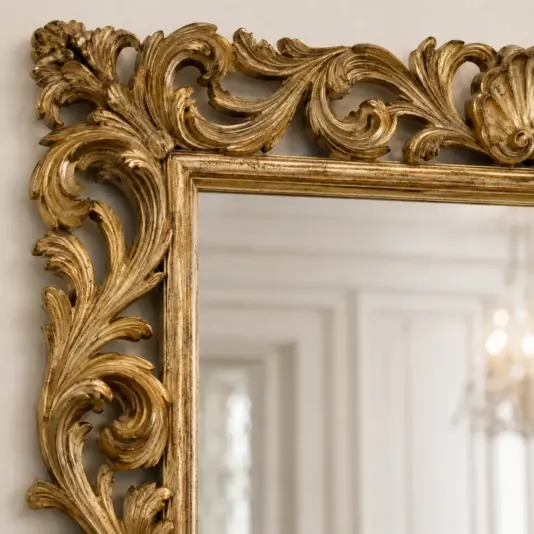 Classic Cream and Gold Baroque Console Table Close view of scrolling gold ornament on the Baroque wall mirror frame