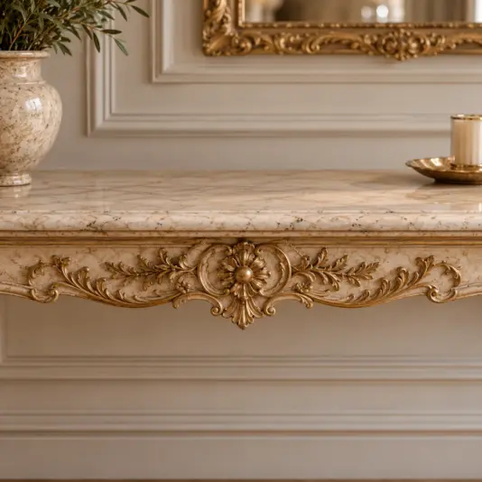 Classic Cream and Gold Baroque Console Table Centre apron of the cream and gold Baroque console table with floral gold leaf scrollwork