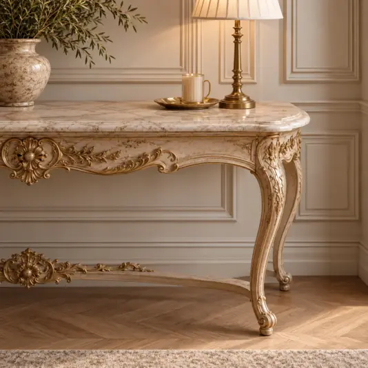 Classic Cream and Gold Baroque Console Table Curved right leg and floral gold leaf carving beneath the pale marble top