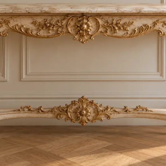 Classic Cream and Gold Baroque Console Table Floral gold leaf ornament and scrollwork on the lower stretcher