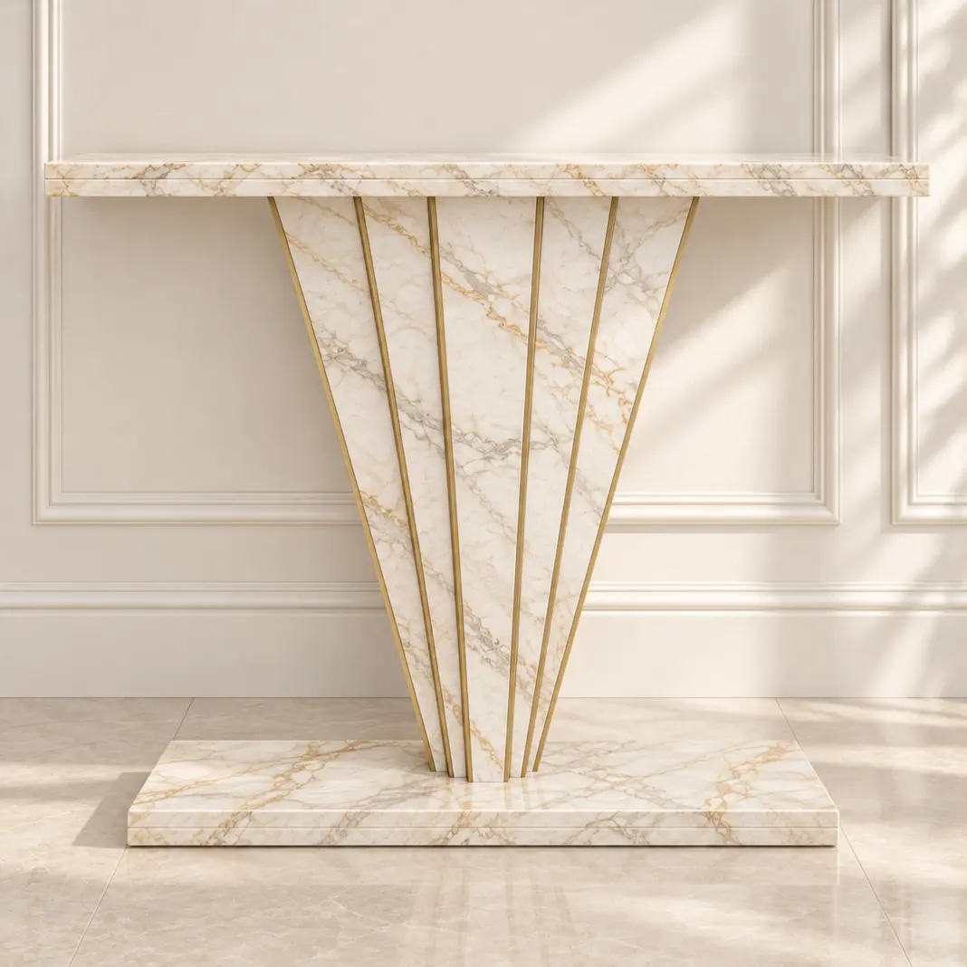 Concept visualisation of a Calacatta Oro marble console table with pale veining and brushed brass inlays