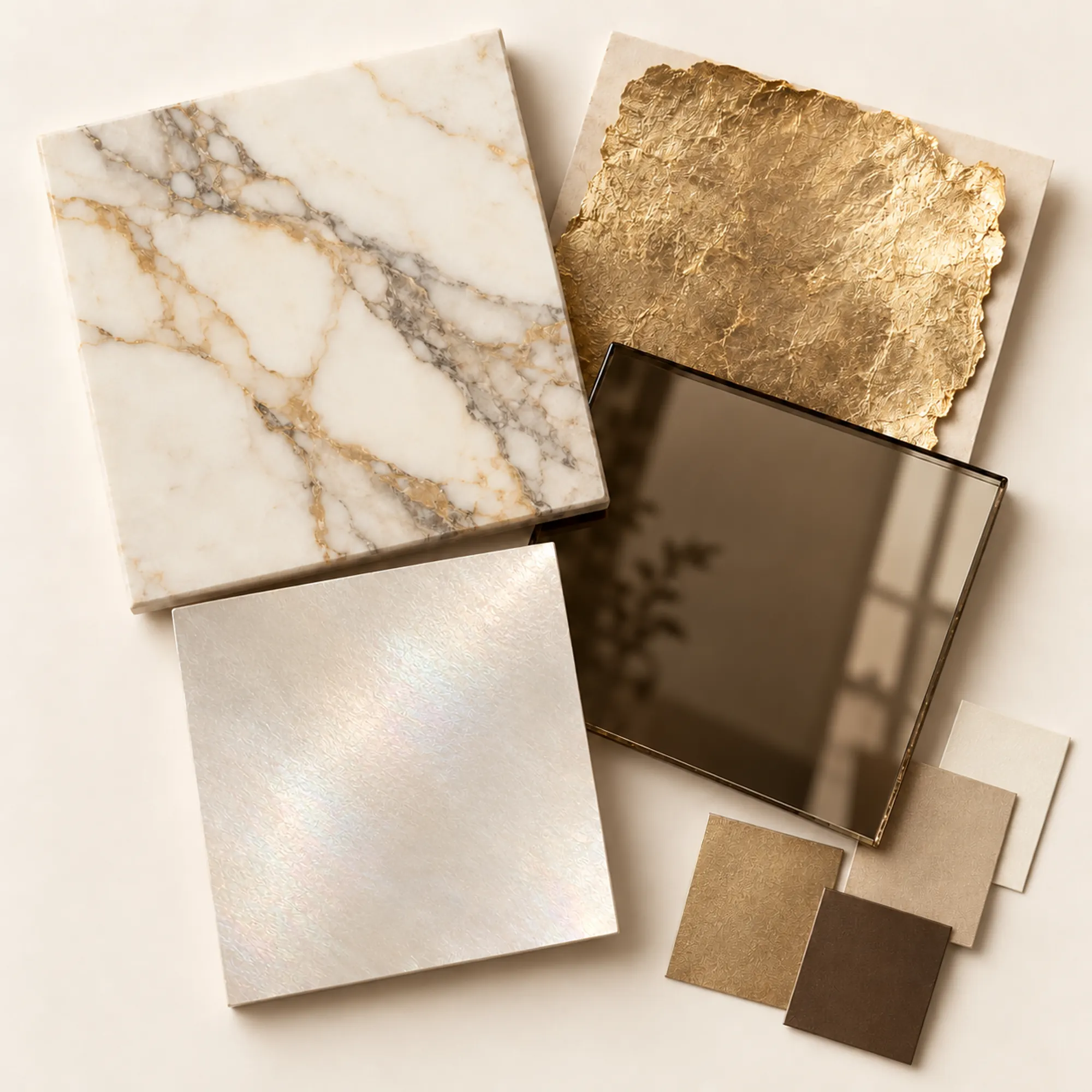 Interior designer material mood board with illustrative swatches of a Calacatta Oro marble concept, gold leaf, bronze mirrored glass and a mother-of-pearl finish