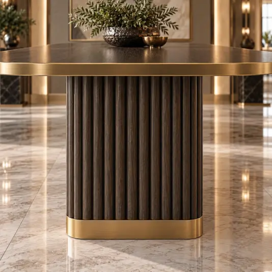 Walnut pedestal dining table detail with dark brown fluting and brushed-gold base