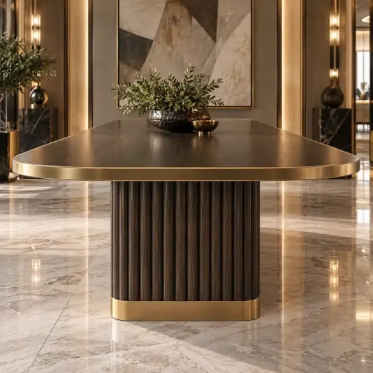 Walnut pedestal dining table front view in dark brown walnut with brushed-gold trim