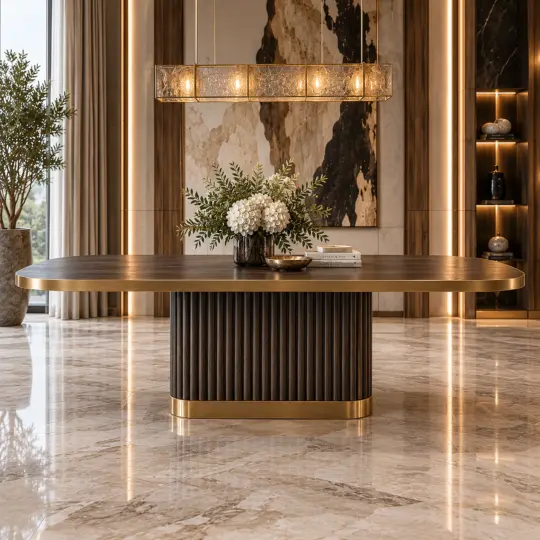 Luxury walnut dining table with dark brown walnut-veneer top, brushed-gold edging and central fluted pedestal