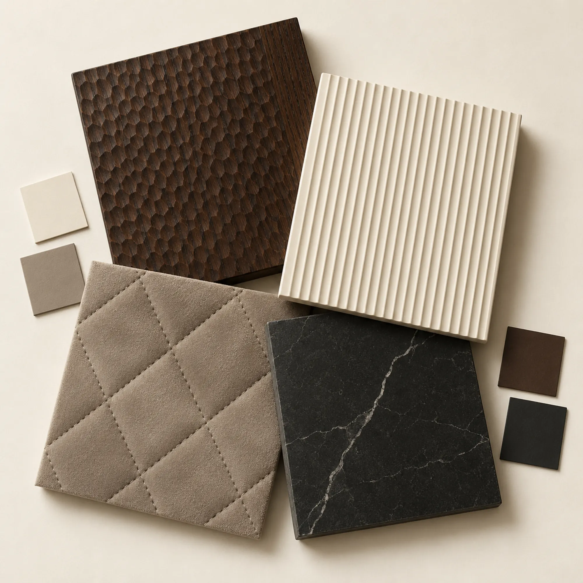 Interior designer mood board of bespoke furniture finishes with illustrative swatches of hammered oak veneer, ribbed matt lacquer, quilted nubuck and dark veined ceramic